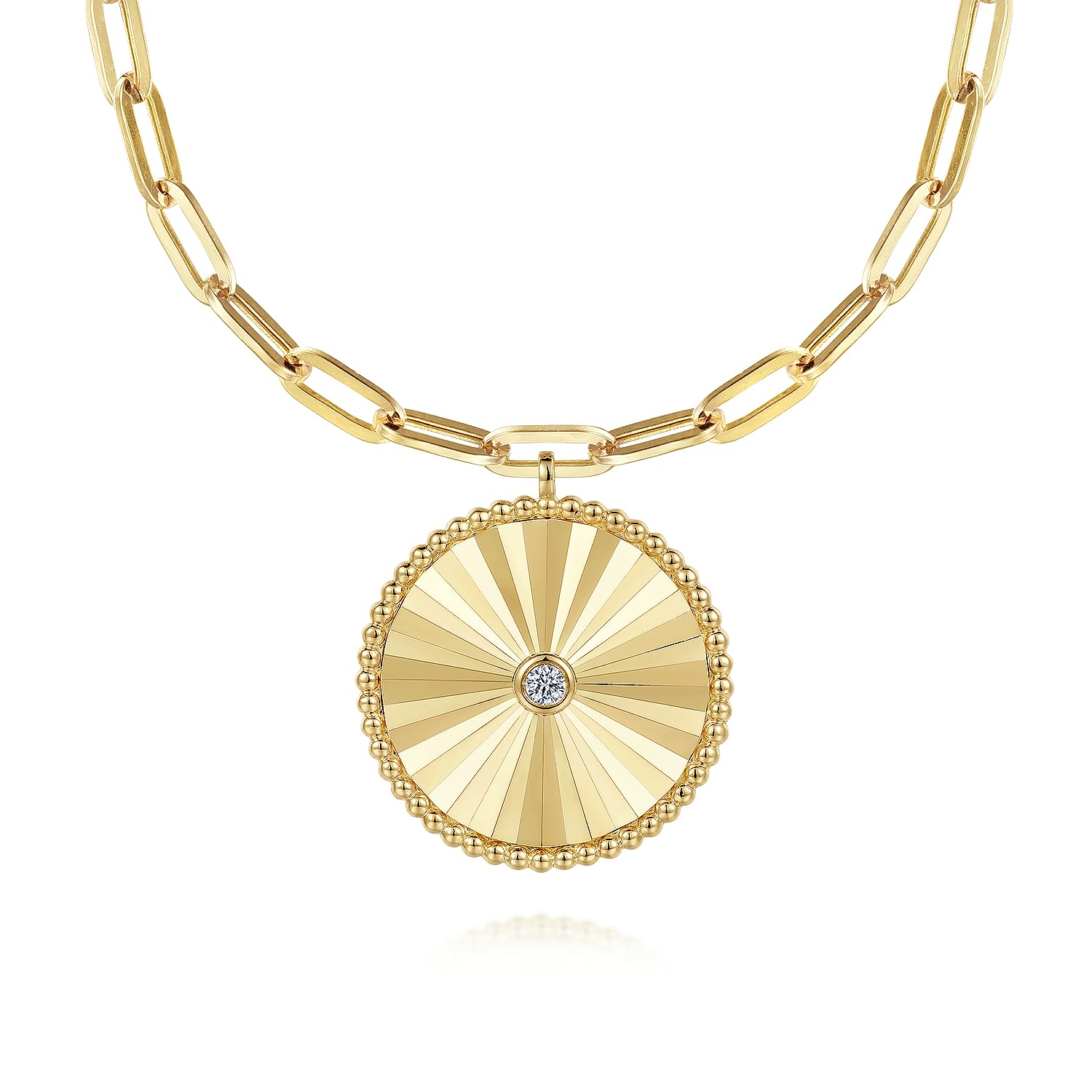 18 inch 14K Yellow Gold Textured Diamond Medallion Hollow Chain Necklace