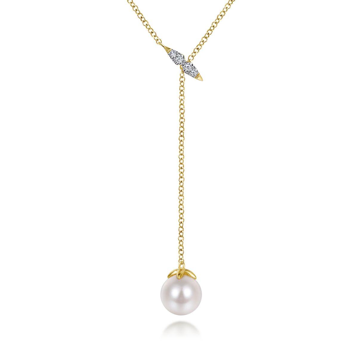 14K Yellow Gold Diamond And Pearl Y Knot Necklace