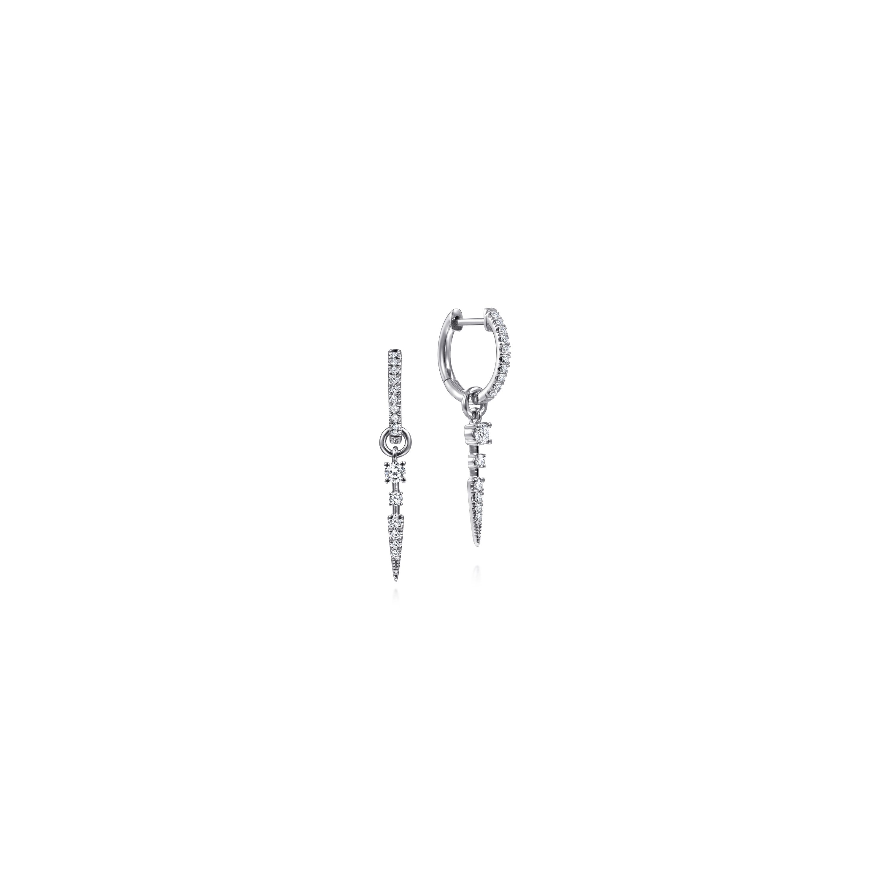 14K White Gold 10mm Diamond Huggie Earrings with Spike Drops 14K White Gold 10mm Diamond Huggie Earrings with Spike Drops
