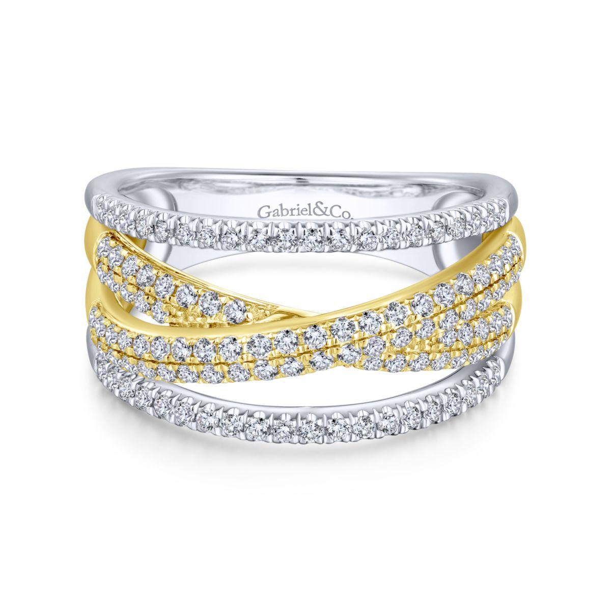14K Yellow and White Gold Criss Crossing Multi Row Diamond Ring 14K Yellow and White Gold Criss Crossing Multi Row Diamond Ring