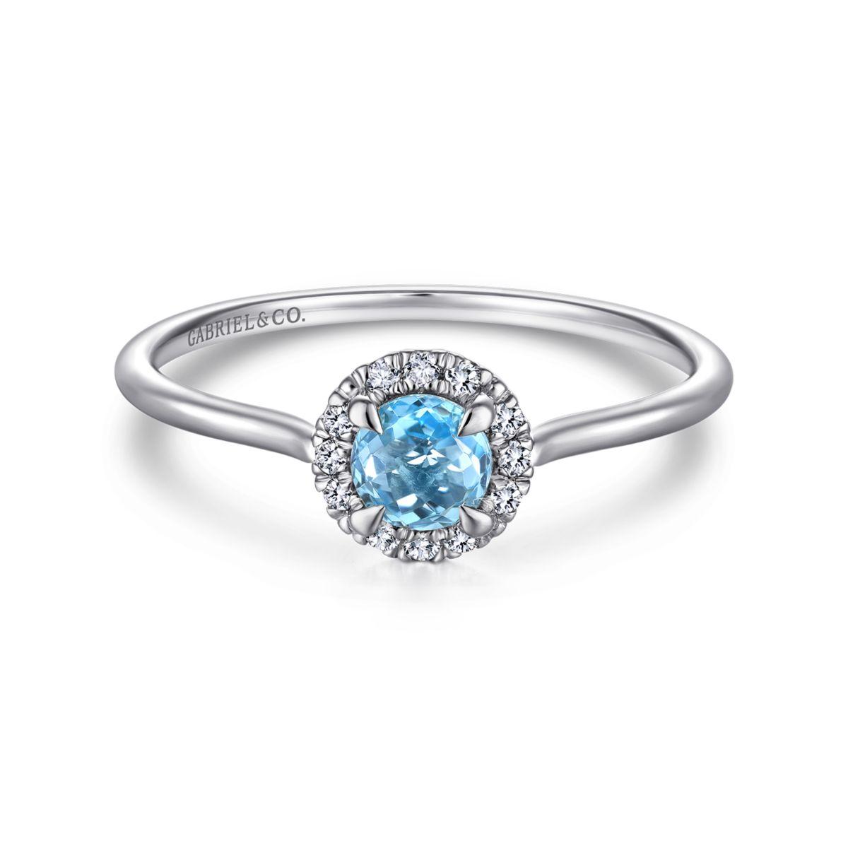 14K White Gold Blue Topaz and Diamond Halo Promise Ring 14K White Gold Blue Topaz and Diamond Halo Promise Ring