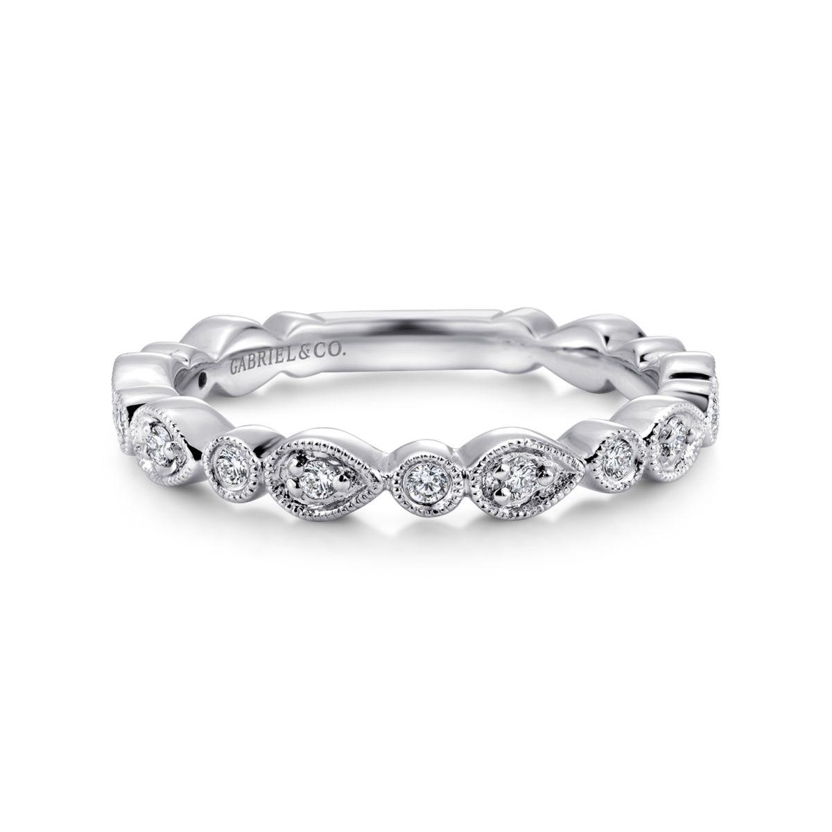 14K White Gold Pear and Round Station Stackable Diamond Ring