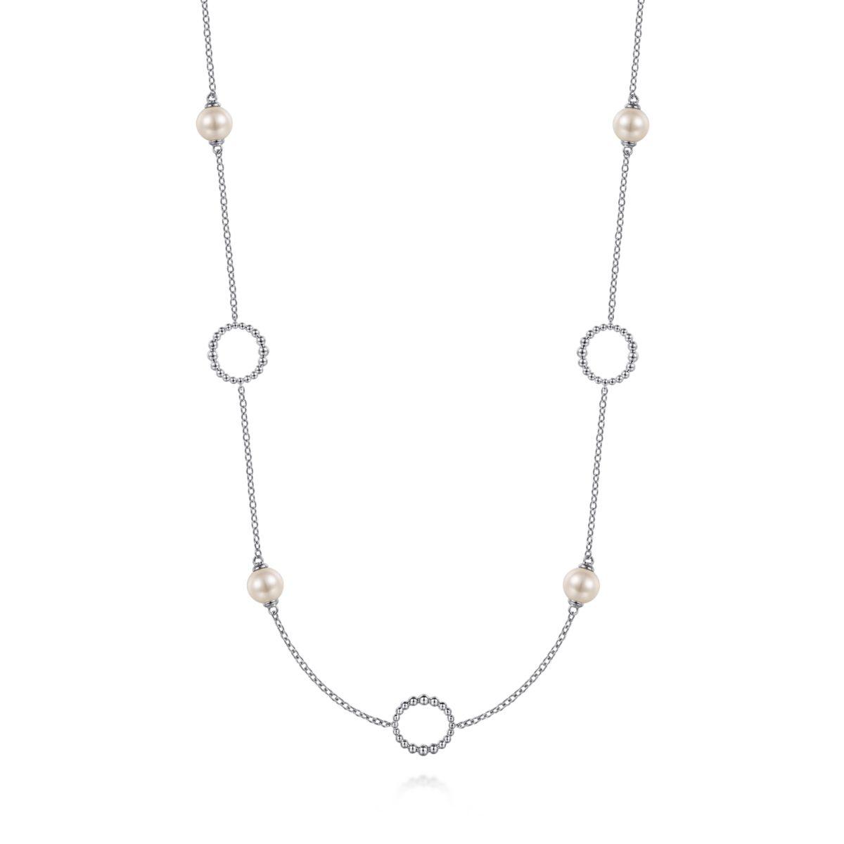 925 Sterling Silver Pearl and Open Circle Station Necklace