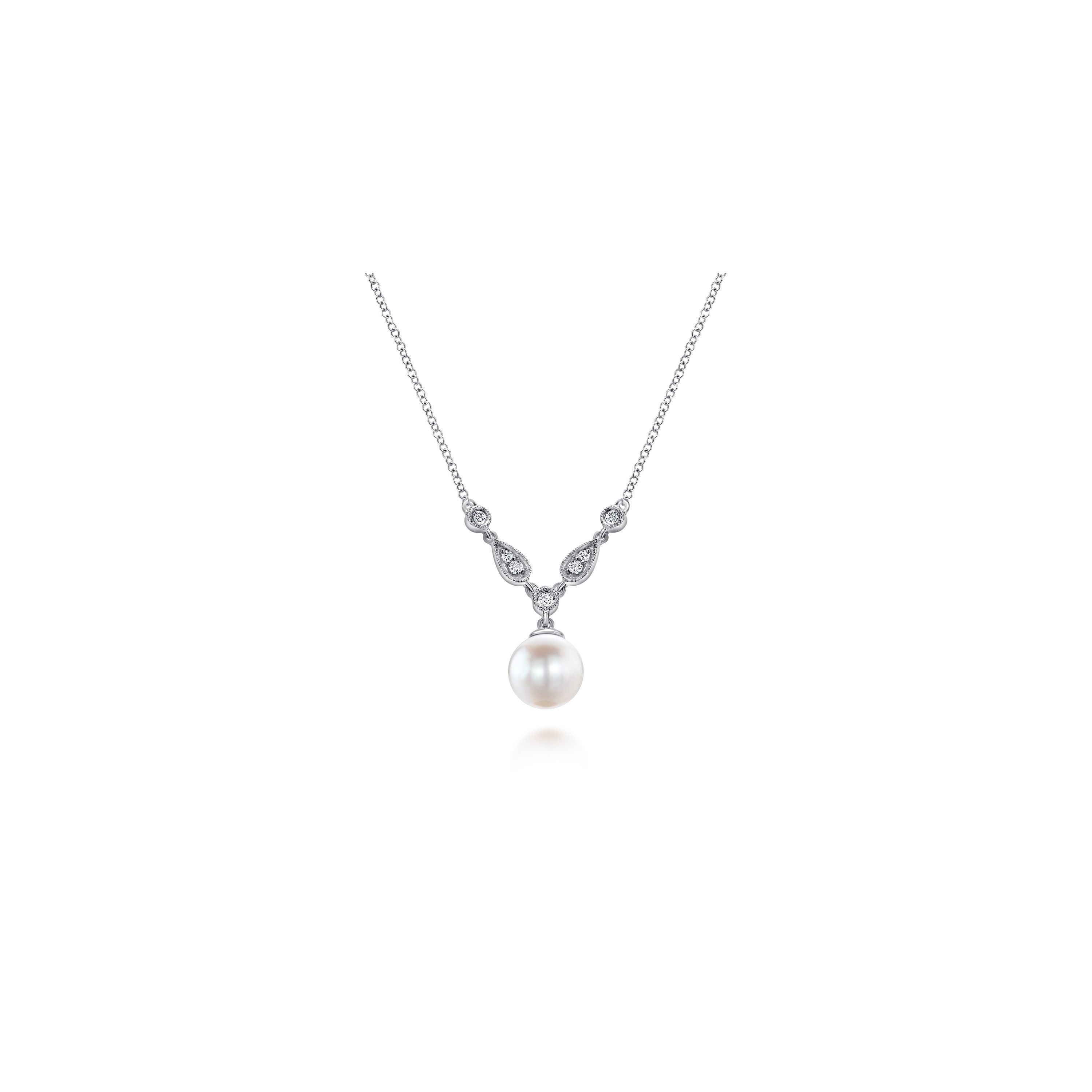 14K White Gold Cultured Pearl And Diamond Accent Necklace