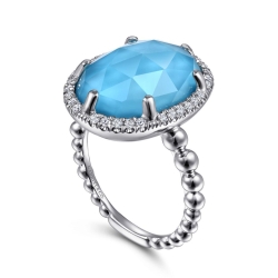 925 Sterling Silver Oval Rock Crystal and Turquoise Signet Ring with White Sapphire Halo thumbnail 2