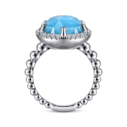 925 Sterling Silver Oval Rock Crystal and Turquoise Signet Ring with White Sapphire Halo thumbnail 3