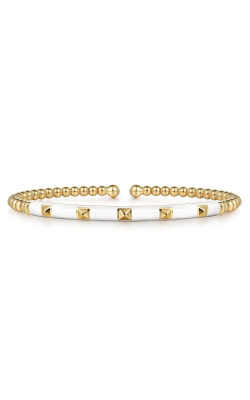 14K Yellow Gold Bujukan Beads and Pyramid Split Bangle with White Enamel